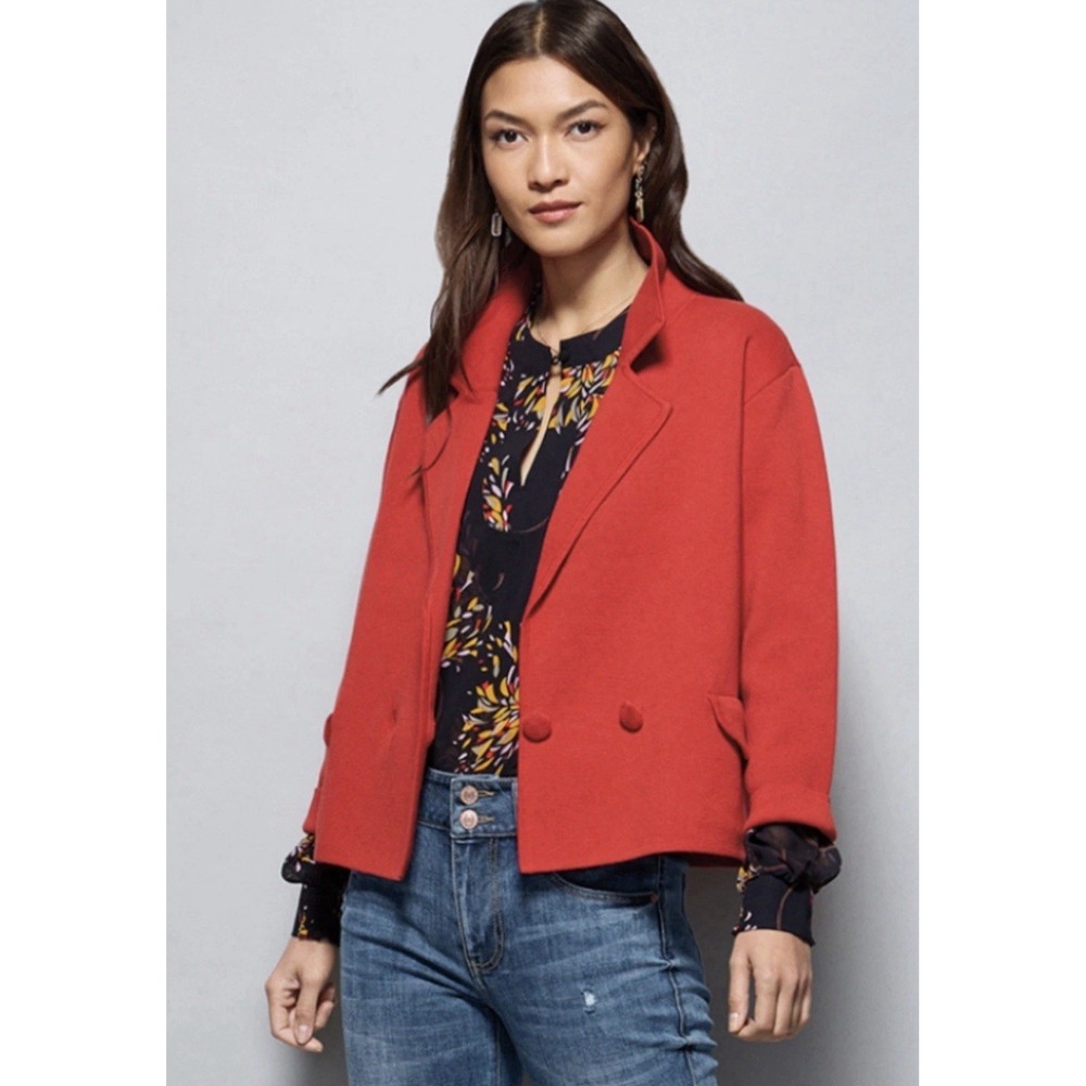 CAbi Red Notch‎ Lapel Blazer Jacket 100% Cotton  Women's Size Medium 3/4 Sleeve